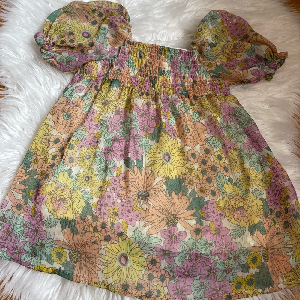 Girl ZARA Pink Daisies Floral metallic Lurex smocked Puff Sleeve Dress 18-24